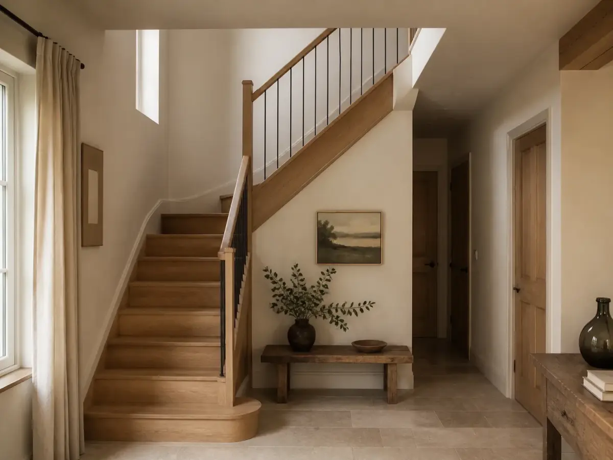 Vue d’ensemble d’un escalier habillé dans un espace résidentiel, lumière naturelle chaude et ambiance travaillée.