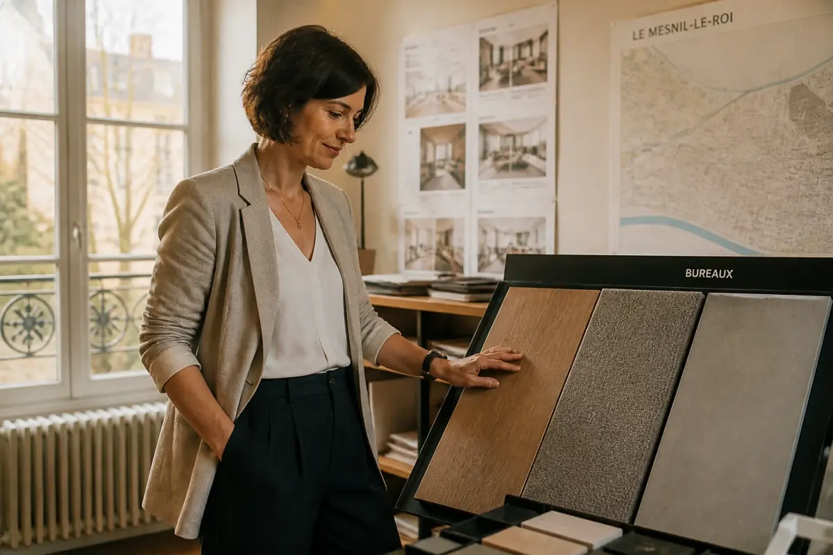 Scène intérieure de bureau avec échantillons de revêtement au Mesnil-le-Roi